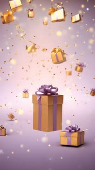 Gold gifts with purple bows around confetti. New Year's party and celebrations. A time of celebration and resolutions.