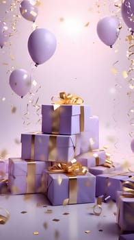 Purple gifts with gold bows around the confession. New Year's party and celebrations. A time of celebration and resolutions.