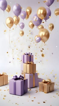 Purple and gold gifts with bows and balloons around confetti. New Year's party and celebrations. A time of celebration and resolutions.