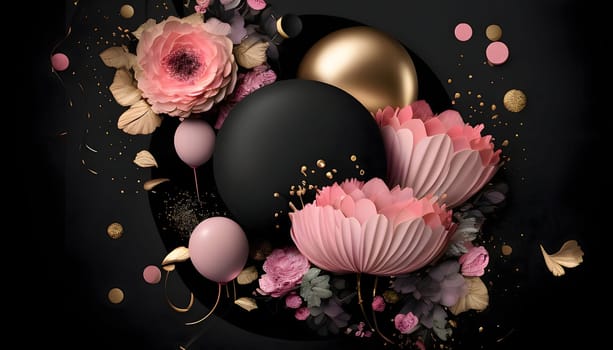 Abstract Gold, Black and pink balls, confetti pink flowers, black background. New Year's party and celebrations. A time of celebration and resolutions.