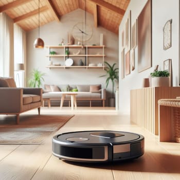 A robot vacuum cleaner in a modern living room with wooden floors and furniture