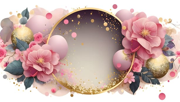 Christmas frame around pink flowers and confetti white background. New Year's party and celebrations. A time of celebration and resolutions.