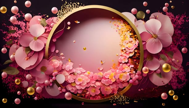 Christmas frame around pink flowers and confetti white background. New Year's party and celebrations. A time of celebration and resolutions.