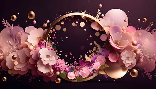 Christmas frame around pink flowers and confetti dark background. New Year's party and celebrations. A time of celebration and resolutions.