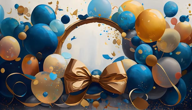 Christmas frame around balloons, bow and confetti bright background. New Year's party and celebrations. A time of celebration and resolutions.