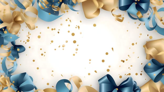 Frame of blue gold bows around confetti and streamers in the middle of a blank field.New Year's Eve background, banner with space for your own content. Blank space for the inscription.
