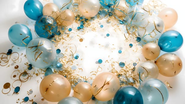 Frame of blue gold balloons around confetti and streamers in the middle of a blank field.New Year's Eve background, banner with space for your own content. Blank space for the inscription.