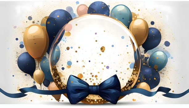 Christmas frame around balloons, bow and confetti bright background. New Year's party and celebrations. A time of celebration and resolutions.