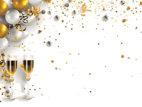 White, gold balloons, confetti streamers and two champagne glasses.New Year's Eve background, banner with space for your own content. Blank space for the inscription.