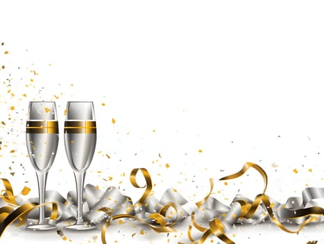 Gold and silver streamers and two Champagne glasses on a white background.New Year's Eve background, banner with space for your own content. Blank space for the inscription.