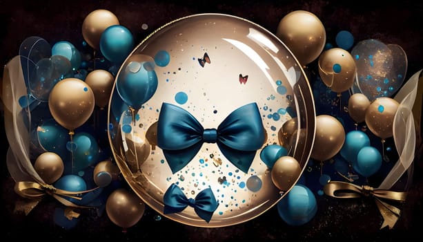 Christmas frame around balloons, bow and confetti bright background. New Year's party and celebrations. A time of celebration and resolutions.