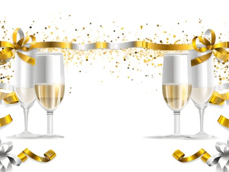 Gold and silver streamers and four champagne glasses on a white background.New Year's Eve background, banner with space for your own content. Blank space for the inscription.