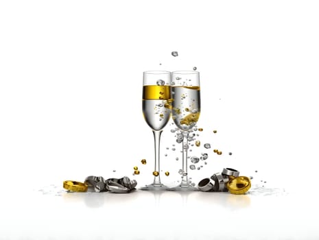 Two champagne glasses on white isolated background.New Year's Eve background, banner with space for your own content. Blank space for the inscription.
