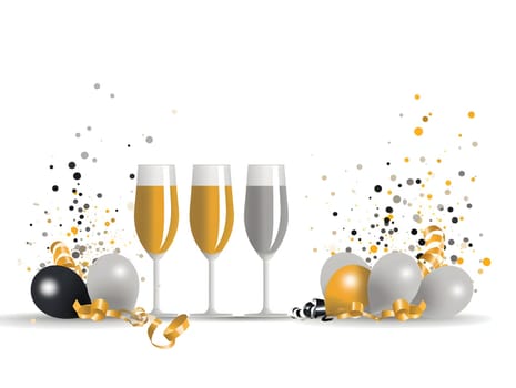 Illustration of three champagne glasses, balloons serpentine confetti on white background.New Year's Eve background, banner with space for your own content. Blank space for the inscription.