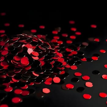 Red and black confetti on dark. New Year's party and celebrations. A time of celebration and resolutions.