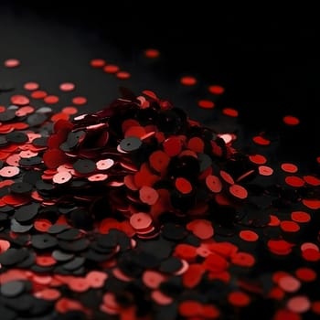 Red and black confetti on dark. New Year's party and celebrations. A time of celebration and resolutions.