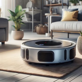 A photo-realistic image of a robot vacuum cleaner in a modern living room. The vacuum cleaner is on a wooden floor and is cleaning the carpet