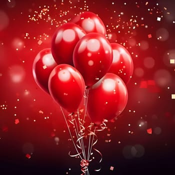 Red balloons on red background, confetti all around. New Year's party and celebrations. A time of celebration and resolutions.