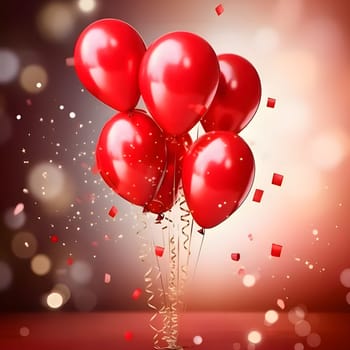 Red balloons on red background, confetti all around. New Year's party and celebrations. A time of celebration and resolutions.