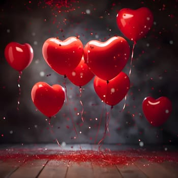 Red heart-shaped balloons and confetti on a dark background, space for your own content. Banner. New Year's party and celebrations. A time of celebration and resolutions.