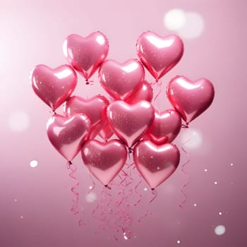 Pink heart-shaped balloons and confetti on a light background, space for your own content. Banner. New Year's party and celebrations. A time of celebration and resolutions.