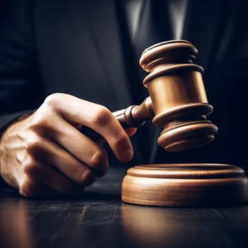 Close-up view of a judge's gavel being struck on a wooden block, with the hand holding the gavel in focus