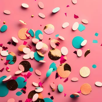 Colorful confetti on a pink background. New Year's party and celebrations. A time of celebration and resolutions.