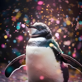 Illustrations of a penguin around colorful confetti black background. New Year's party and celebrations. A time of celebration and resolutions.