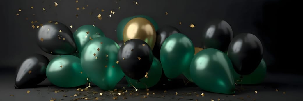 Green and black balloons around streamers and confetti dark background. Space for your own content. New Year's party and celebrations. A time of celebration and resolutions.