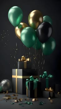 Green gold and black balloons, colorful streamers, black gifts with bows. New Year's party and celebrations. A time of celebration and resolutions.