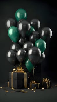 Green gold and black balloons, colorful streamers, black gifts with bows. New Year's party and celebrations. A time of celebration and resolutions.