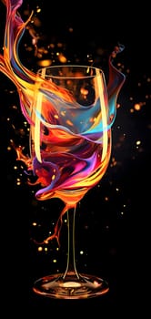 Abstract illustration of a glass doused with a colorful wave, black background. New Year's party and celebrations. A time of celebration and resolutions.