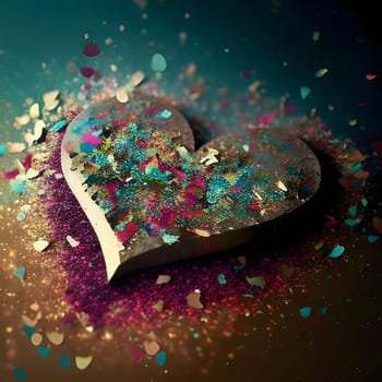 Golden heart sprinkled with colorful confetti. New Year's party and celebrations. A time of celebration and resolutions.