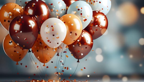 Gold, white and red balloons in a blurry background with falling confetti.New Year's Eve white background, banner with space for your own content. Blank space for the inscription.