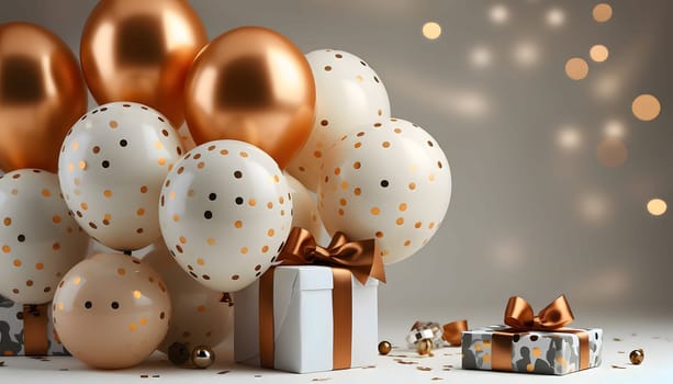 Gold and white balloons on smudged background with falling confetti and gifts.New Year's Eve white background, banner with space for your own content. Blank space for the inscription.