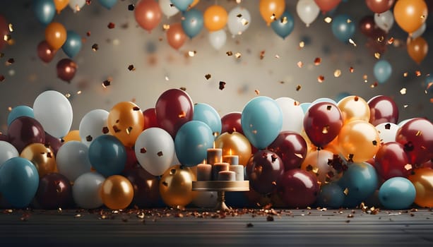 Colorful balloons on smudged background with confetti and candles.New Year's Eve white background, banner with space for your own content. Blank space for the inscription.