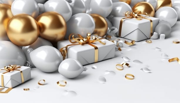 Silver and gold balloons and gifts around confetti.New Year's Eve bright background, banner with space for your own content. Blank space for the inscription.