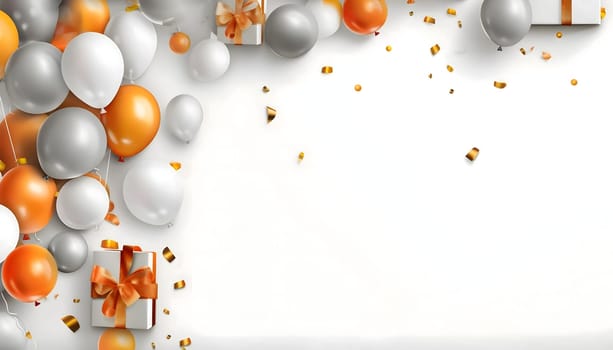 Colorful balloons and gifts around confetti. Top view.New Year's Eve bright background, banner with space for your own content. Blank space for the inscription.