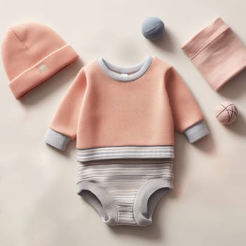 Baby outfit with a peach sweater, grey pants, hat, and toys on a neutral background