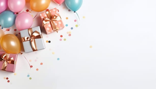 Colorful balloons and gifts around confetti.New Year's Eve bright background, banner with space for your own content. Blank space for the inscription.