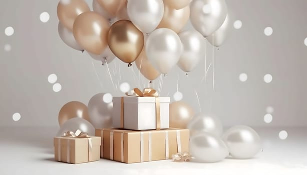 White and gold balloons and gifts around confetti.New Year's Eve bright background, banner with space for your own content. Blank space for the inscription.