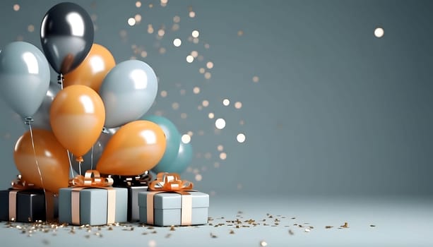 Gold, blue and black balloons and gifts around confetti.New Year's Eve bright background, banner with space for your own content. Blank space for the inscription.