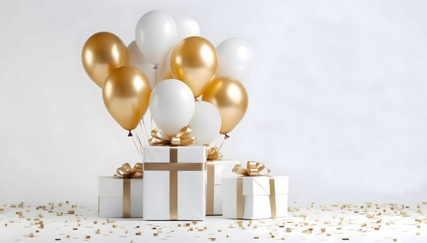 Gold and white balloons and gifts with bows around confetti.New Year's Eve bright background, banner with space for your own content. Blank space for the inscription.