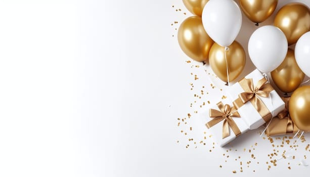 Gold and white balloons and gifts with bows around confetti. Top view.New Year's Eve bright background, banner with space for your own content. Blank space for the inscription.