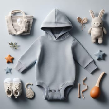 A flat lay image of a baby's outfit and accessories on a gray background