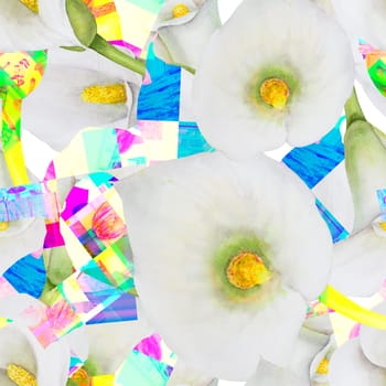 Neon botanical floral watercolor hand painted seamless pattern. A bright kaleidoscope of pieces of white calla lilies, forest mushrooms and berries. Pink, blue, yellow spots for modern fabric, wallpaper, packing design