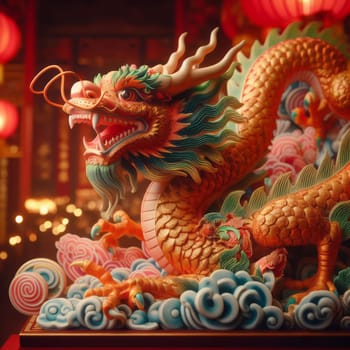 Vibrant dragon sculpture amidst a festive atmosphere, showcasing intricate designs and lively colors