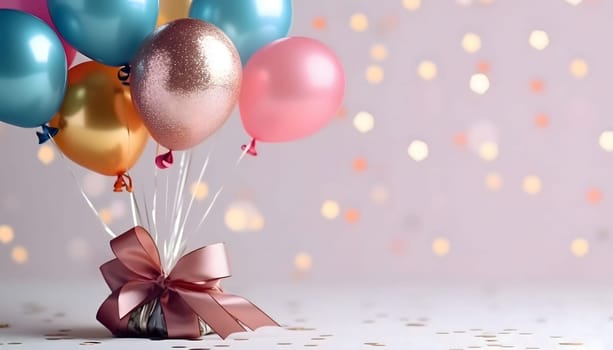 Colorful balloons and bow, around confetti. New Year's Eve gray background, banner with space for your own content. Blank space for the inscription.