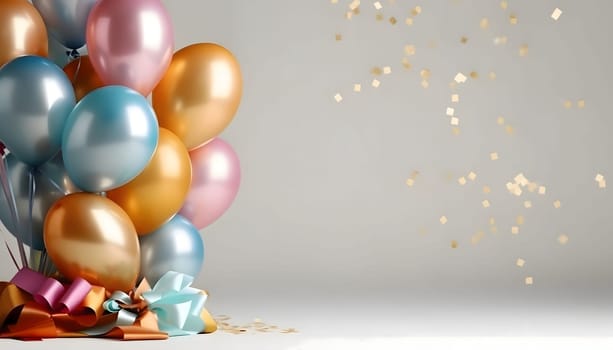 Colorful balloons and bows around confetti. New Year's Eve gray background, banner with space for your own content. Blank space for the inscription.