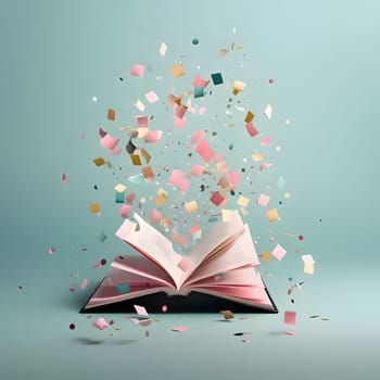 Open book and falling confetti on a solid background. New Year's party and celebrations. A time of celebration and resolutions.